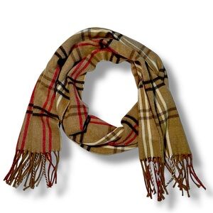 CEJON label tan red black cream plaid scarf 11x64” acrylic
